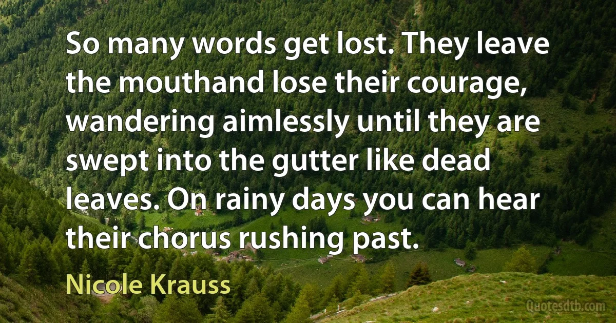 So many words get lost. They leave the mouthand lose their courage, wandering aimlessly until they are swept into the gutter like dead leaves. On rainy days you can hear their chorus rushing past. (Nicole Krauss)