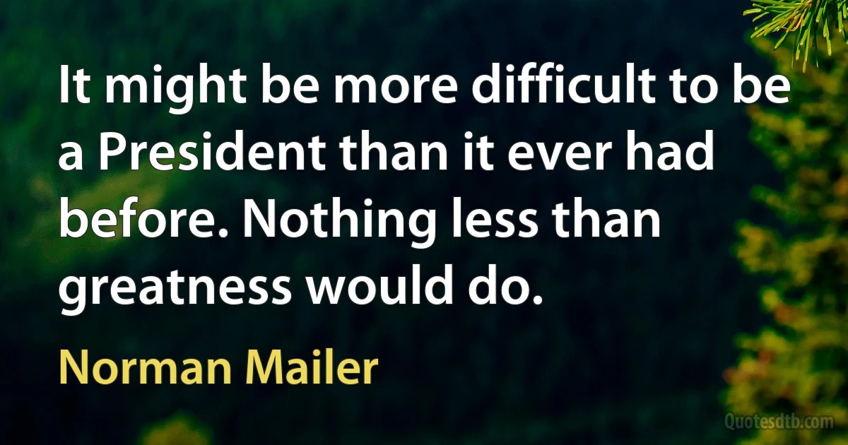 It might be more difficult to be a President than it ever had before. Nothing less than greatness would do. (Norman Mailer)