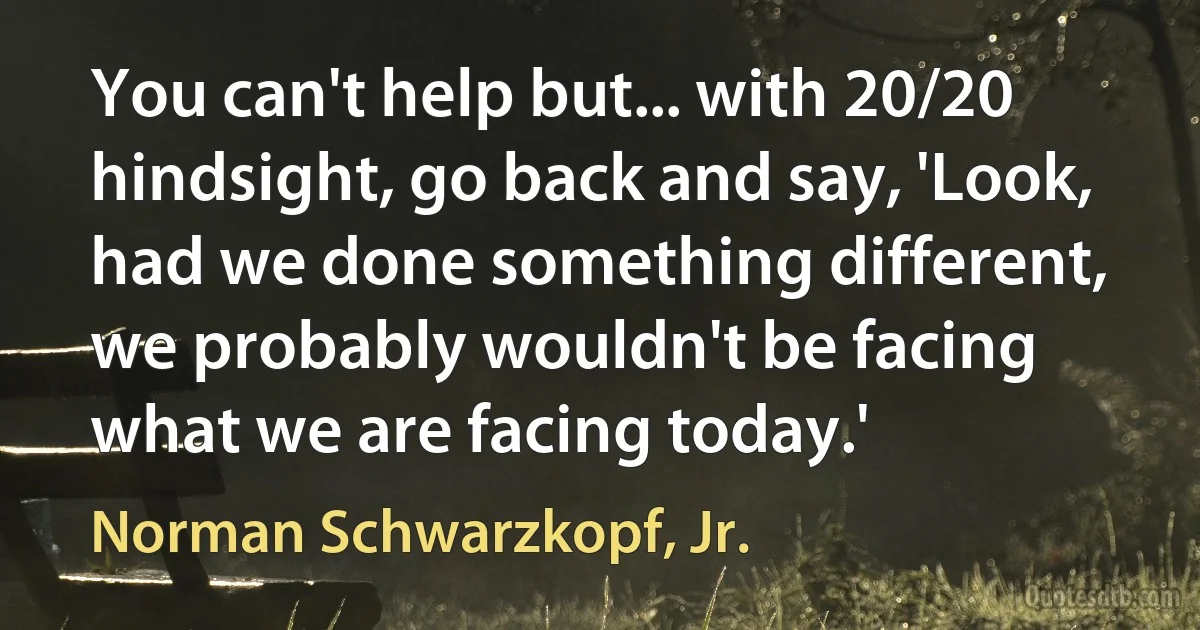 You can't help but... with 20/20 hindsight, go back and say, 'Look, had we done something different, we probably wouldn't be facing what we are facing today.' (Norman Schwarzkopf, Jr.)