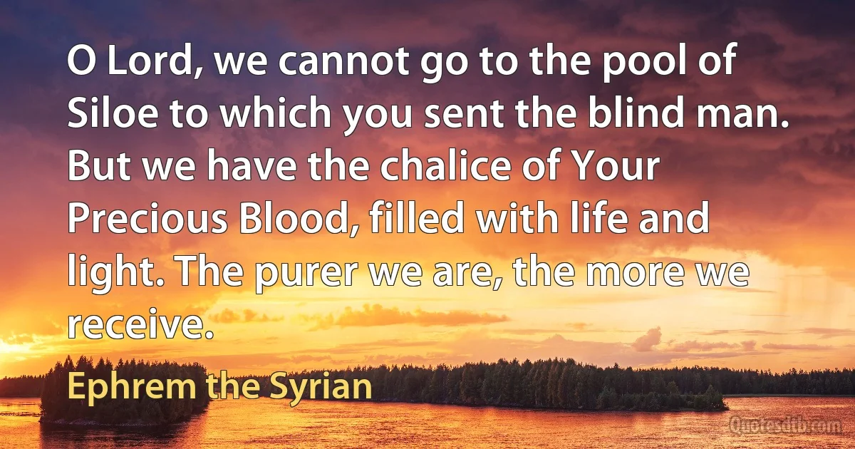 O Lord, we cannot go to the pool of Siloe to which you sent the blind man. But we have the chalice of Your Precious Blood, filled with life and light. The purer we are, the more we receive. (Ephrem the Syrian)