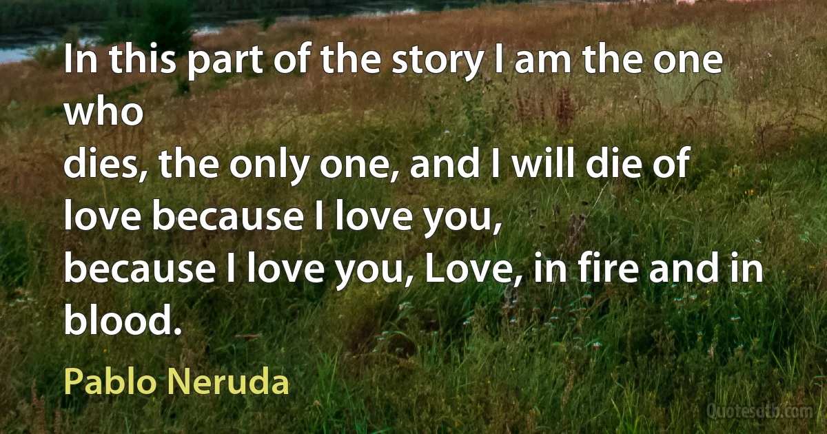 In this part of the story I am the one who
dies, the only one, and I will die of love because I love you,
because I love you, Love, in fire and in blood. (Pablo Neruda)