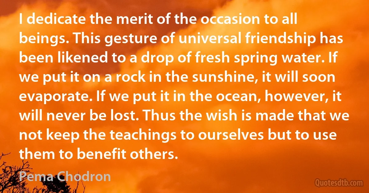 I dedicate the merit of the occasion to all beings. This gesture of universal friendship has been likened to a drop of fresh spring water. If we put it on a rock in the sunshine, it will soon evaporate. If we put it in the ocean, however, it will never be lost. Thus the wish is made that we not keep the teachings to ourselves but to use them to benefit others. (Pema Chodron)