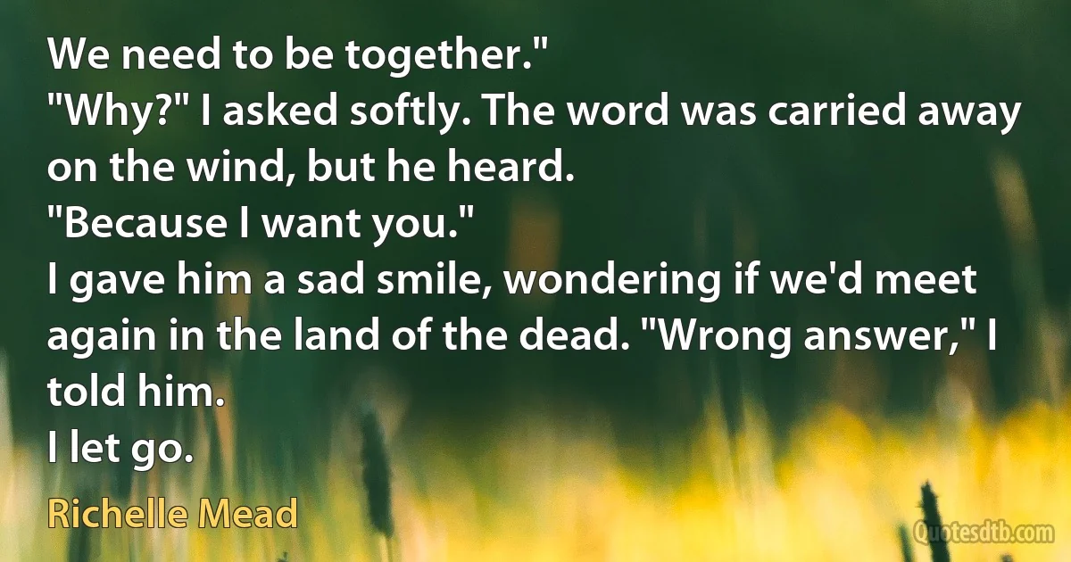 We need to be together."
"Why?" I asked softly. The word was carried away on the wind, but he heard.
"Because I want you."
I gave him a sad smile, wondering if we'd meet again in the land of the dead. "Wrong answer," I told him.
I let go. (Richelle Mead)