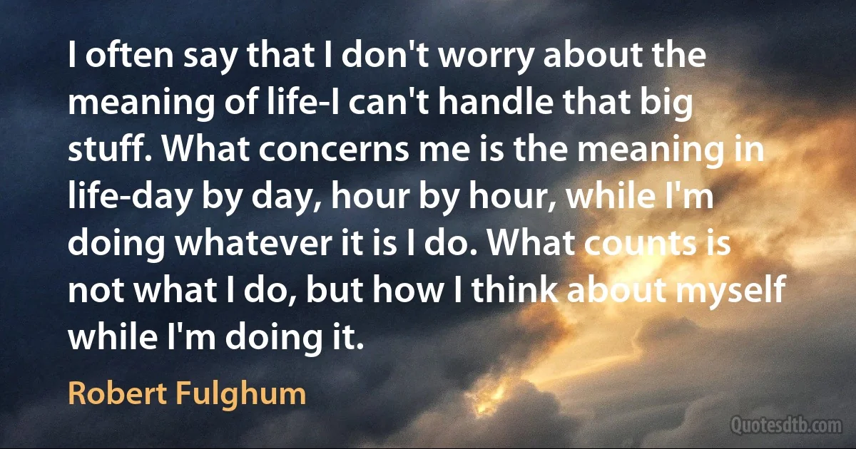 I often say that I don't worry about the meaning of life-I can't handle that big stuff. What concerns me is the meaning in life-day by day, hour by hour, while I'm doing whatever it is I do. What counts is not what I do, but how I think about myself while I'm doing it. (Robert Fulghum)