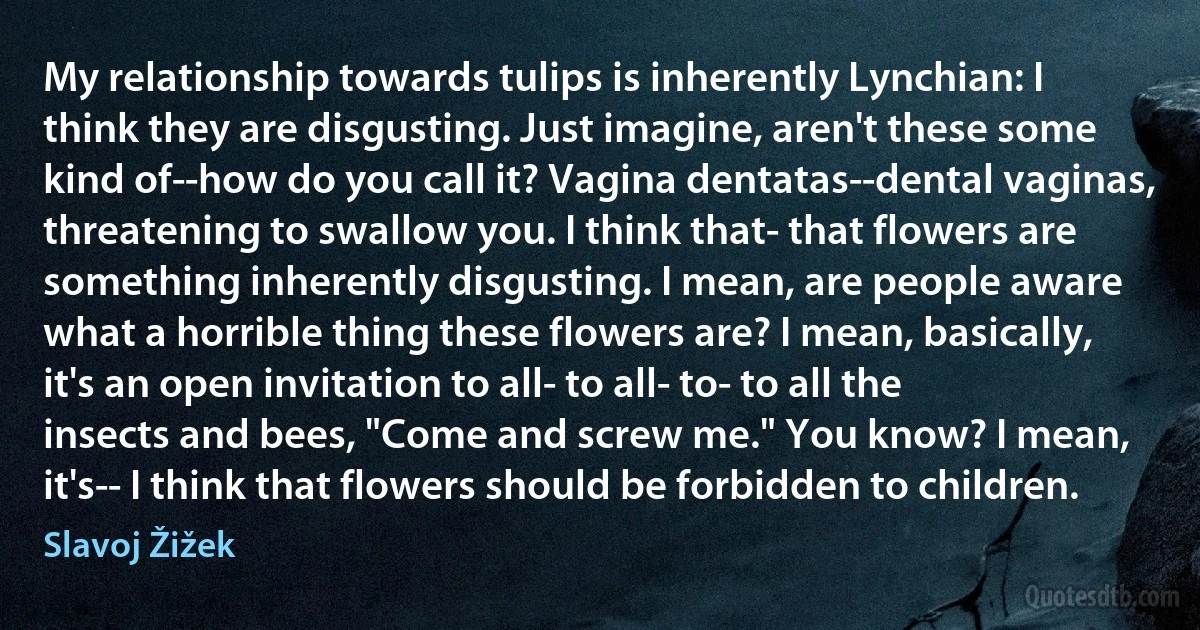 My relationship towards tulips is inherently Lynchian: I think they are disgusting. Just imagine, aren't these some kind of--how do you call it? Vagina dentatas--dental vaginas, threatening to swallow you. I think that- that flowers are something inherently disgusting. I mean, are people aware what a horrible thing these flowers are? I mean, basically, it's an open invitation to all- to all- to- to all the insects and bees, "Come and screw me." You know? I mean, it's-- I think that flowers should be forbidden to children. (Slavoj Žižek)