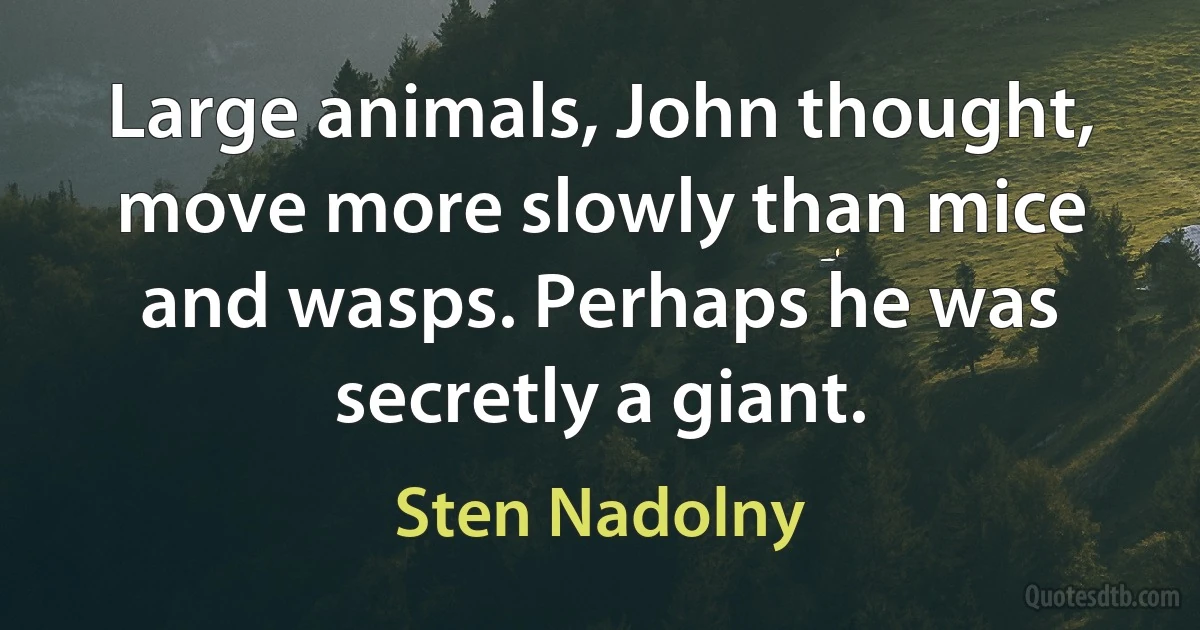 Large animals, John thought, move more slowly than mice and wasps. Perhaps he was secretly a giant. (Sten Nadolny)