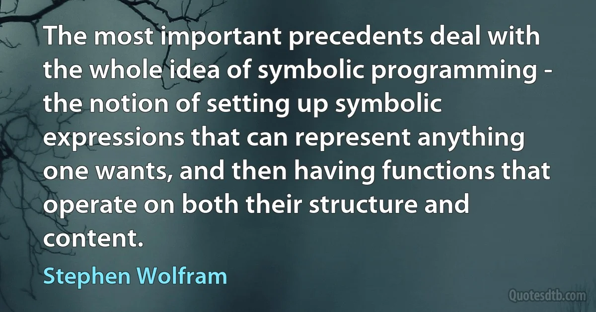 The most important precedents deal with the whole idea of symbolic programming - the notion of setting up symbolic expressions that can represent anything one wants, and then having functions that operate on both their structure and content. (Stephen Wolfram)