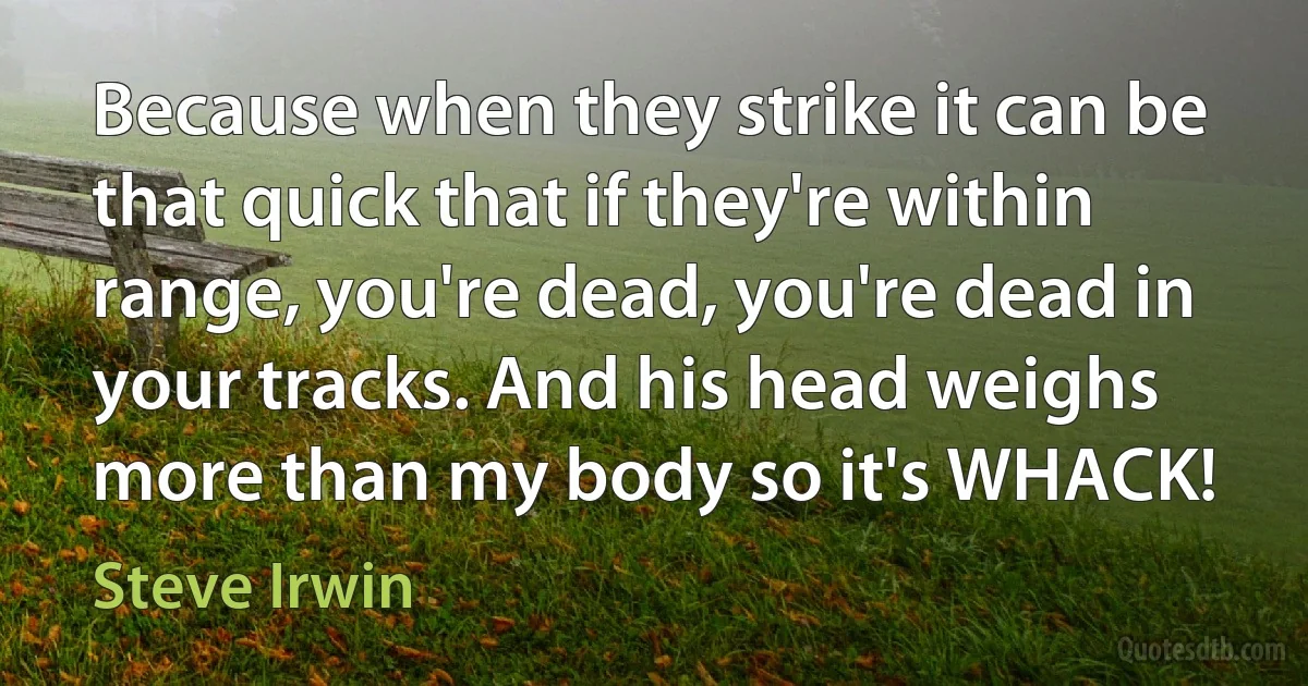 Because when they strike it can be that quick that if they're within range, you're dead, you're dead in your tracks. And his head weighs more than my body so it's WHACK! (Steve Irwin)