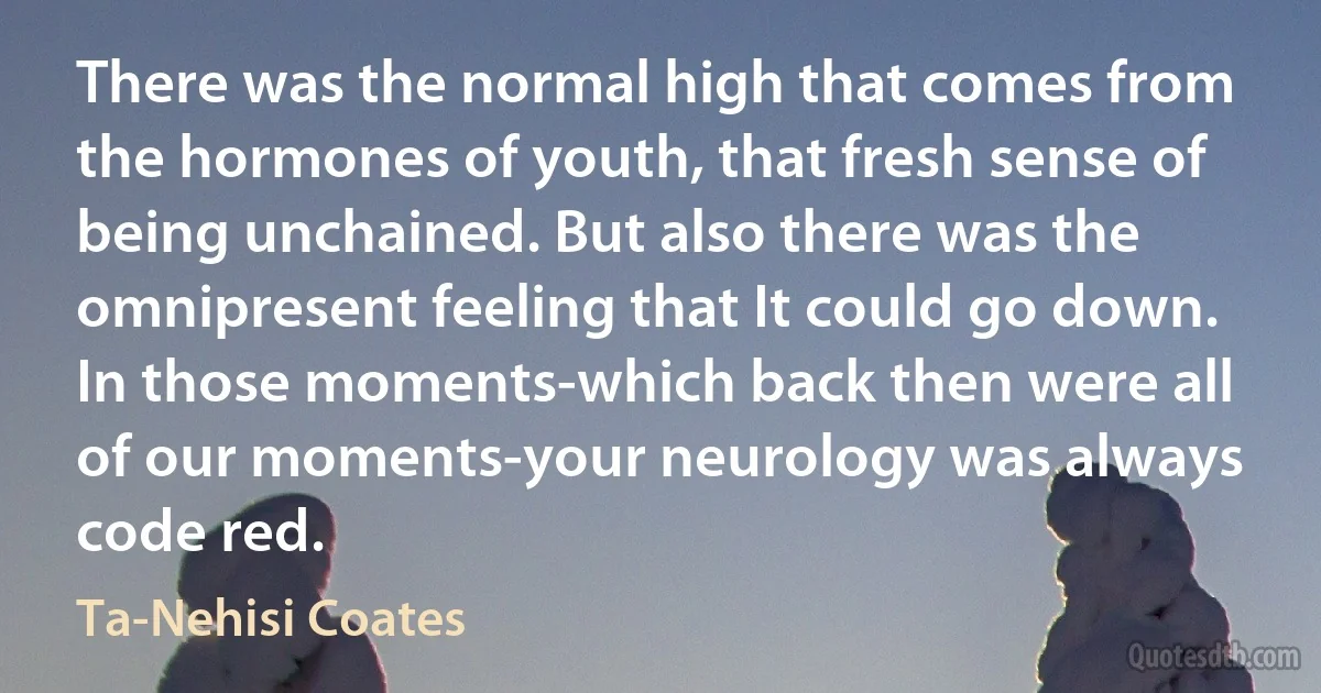 There was the normal high that comes from the hormones of youth, that fresh sense of being unchained. But also there was the omnipresent feeling that It could go down. In those moments-which back then were all of our moments-your neurology was always code red. (Ta-Nehisi Coates)