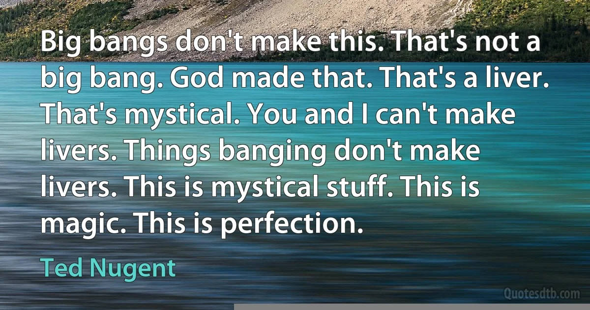 Big bangs don't make this. That's not a big bang. God made that. That's a liver. That's mystical. You and I can't make livers. Things banging don't make livers. This is mystical stuff. This is magic. This is perfection. (Ted Nugent)