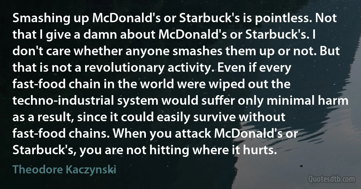 Smashing up McDonald's or Starbuck's is pointless. Not that I give a damn about McDonald's or Starbuck's. I don't care whether anyone smashes them up or not. But that is not a revolutionary activity. Even if every fast-food chain in the world were wiped out the techno-industrial system would suffer only minimal harm as a result, since it could easily survive without fast-food chains. When you attack McDonald's or Starbuck's, you are not hitting where it hurts. (Theodore Kaczynski)