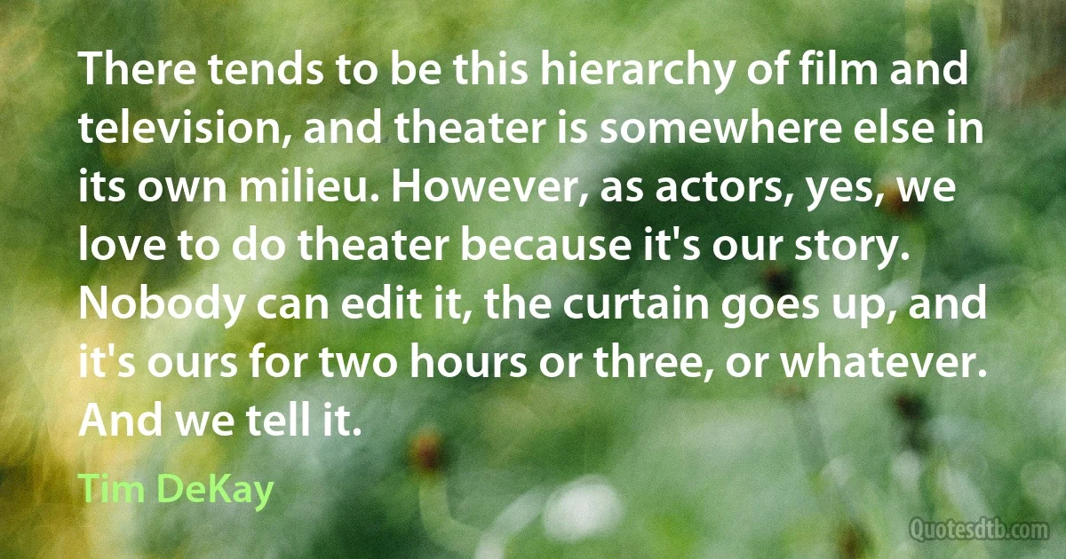 There tends to be this hierarchy of film and television, and theater is somewhere else in its own milieu. However, as actors, yes, we love to do theater because it's our story. Nobody can edit it, the curtain goes up, and it's ours for two hours or three, or whatever. And we tell it. (Tim DeKay)