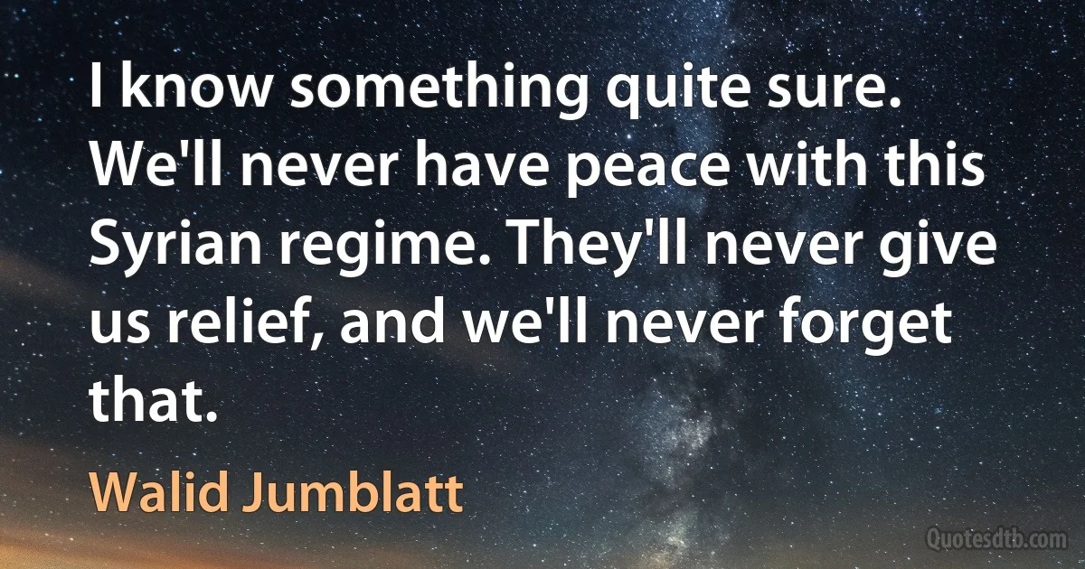 I know something quite sure. We'll never have peace with this Syrian regime. They'll never give us relief, and we'll never forget that. (Walid Jumblatt)