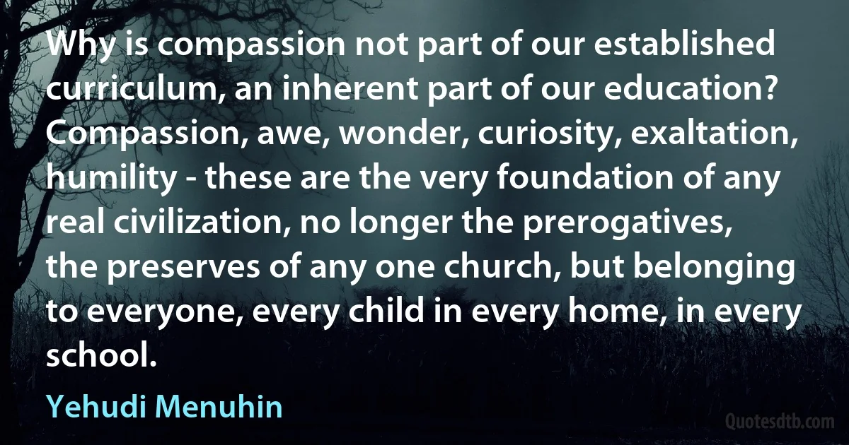 Why is compassion not part of our established curriculum, an inherent part of our education? Compassion, awe, wonder, curiosity, exaltation, humility - these are the very foundation of any real civilization, no longer the prerogatives, the preserves of any one church, but belonging to everyone, every child in every home, in every school. (Yehudi Menuhin)