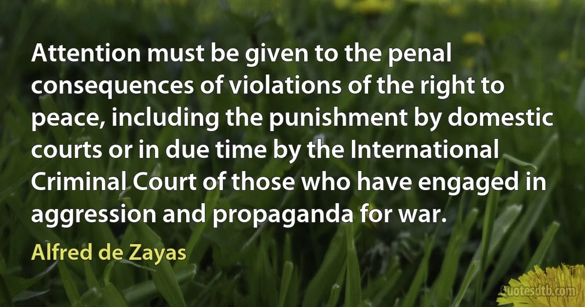 Attention must be given to the penal consequences of violations of the right to peace, including the punishment by domestic courts or in due time by the International Criminal Court of those who have engaged in aggression and propaganda for war. (Alfred de Zayas)