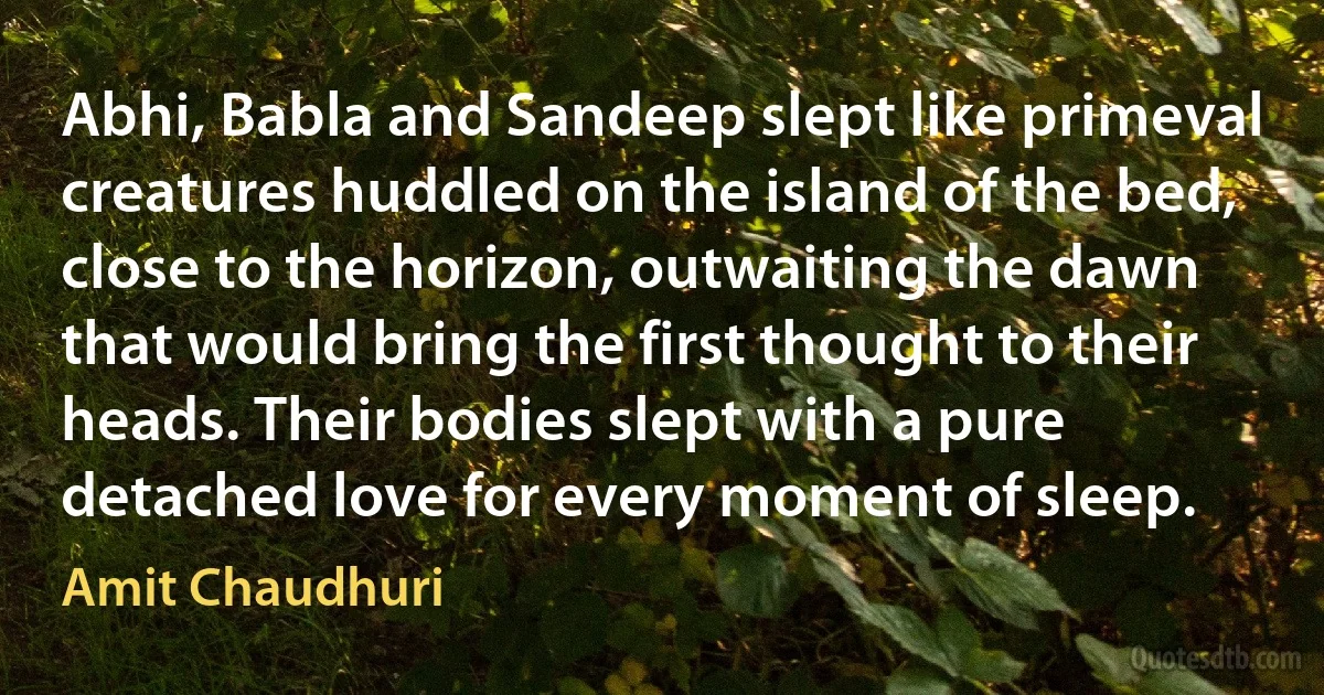 Abhi, Babla and Sandeep slept like primeval creatures huddled on the island of the bed, close to the horizon, outwaiting the dawn that would bring the first thought to their heads. Their bodies slept with a pure detached love for every moment of sleep. (Amit Chaudhuri)