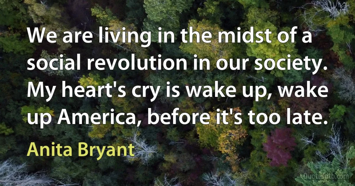 We are living in the midst of a social revolution in our society. My heart's cry is wake up, wake up America, before it's too late. (Anita Bryant)