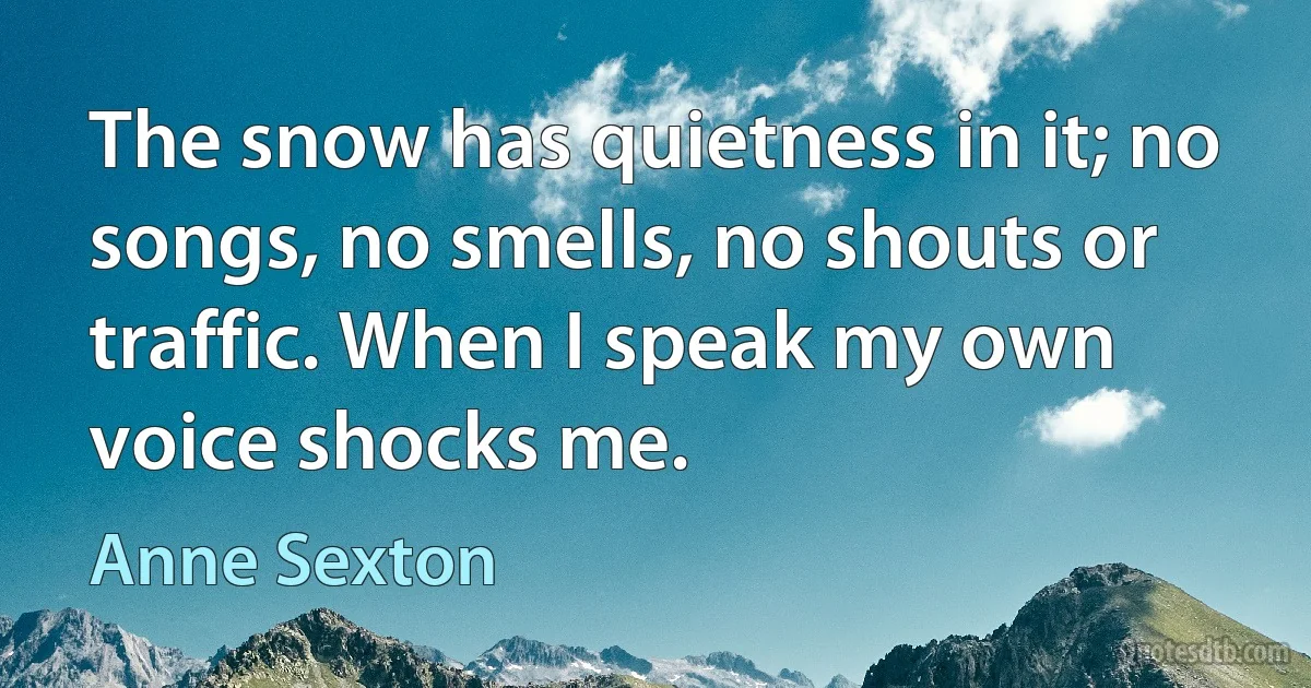 The snow has quietness in it; no songs, no smells, no shouts or traffic. When I speak my own voice shocks me. (Anne Sexton)