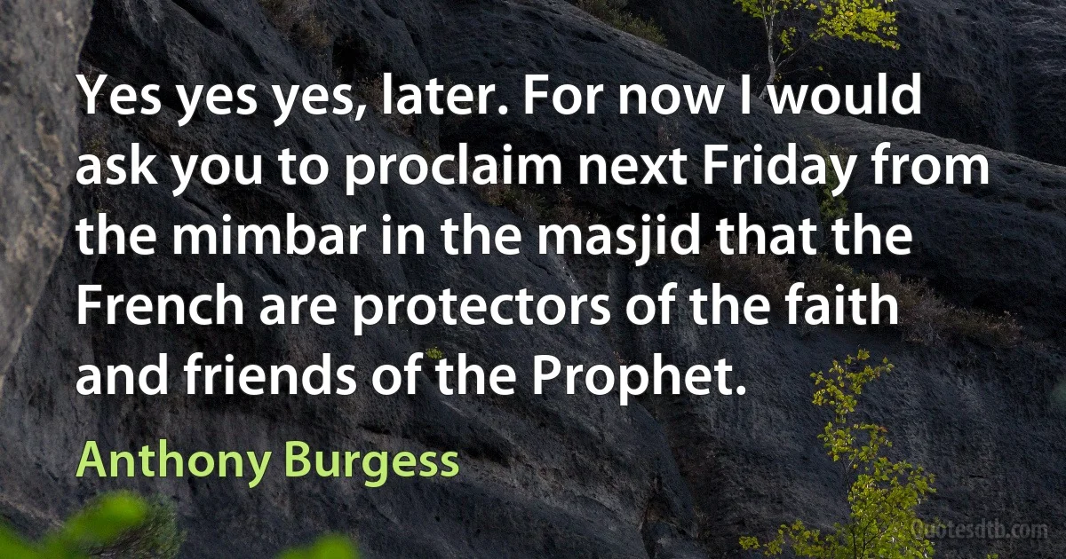 Yes yes yes, later. For now I would ask you to proclaim next Friday from the mimbar in the masjid that the French are protectors of the faith and friends of the Prophet. (Anthony Burgess)