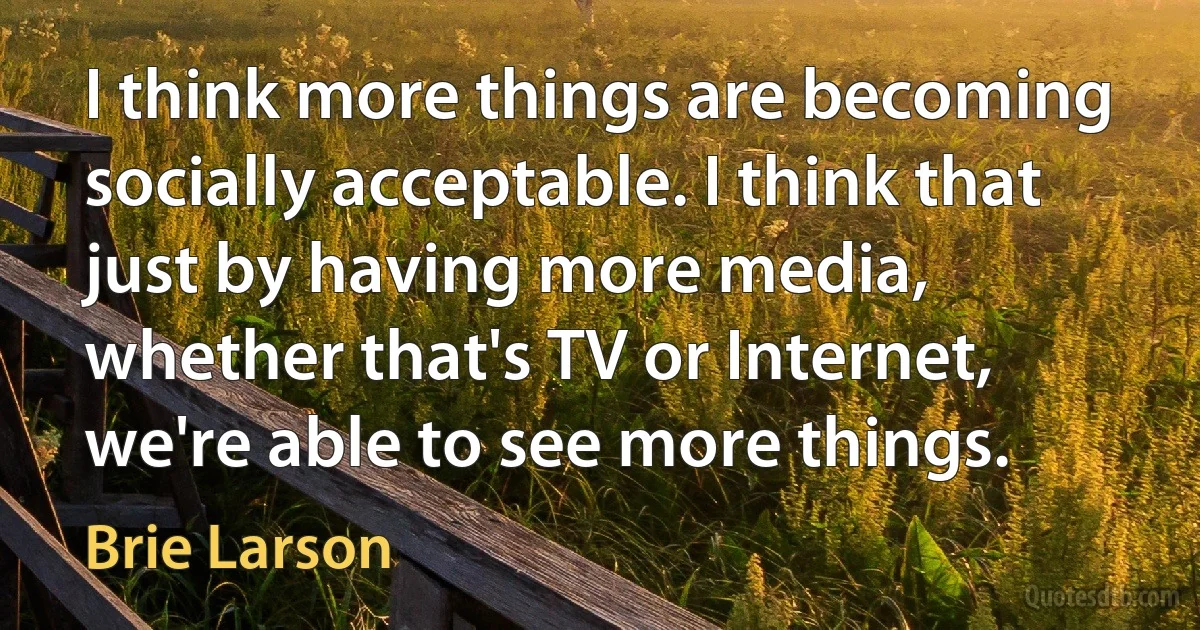 I think more things are becoming socially acceptable. I think that just by having more media, whether that's TV or Internet, we're able to see more things. (Brie Larson)