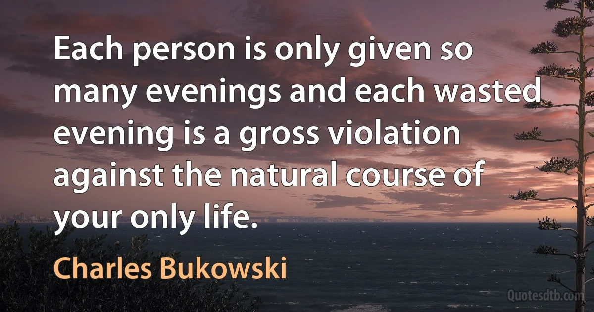 Each person is only given so many evenings and each wasted evening is a gross violation against the natural course of your only life. (Charles Bukowski)