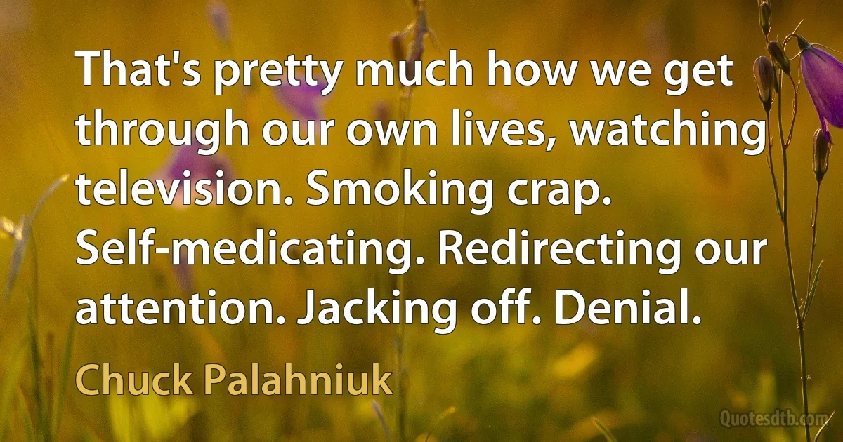 That's pretty much how we get through our own lives, watching television. Smoking crap. Self-medicating. Redirecting our attention. Jacking off. Denial. (Chuck Palahniuk)