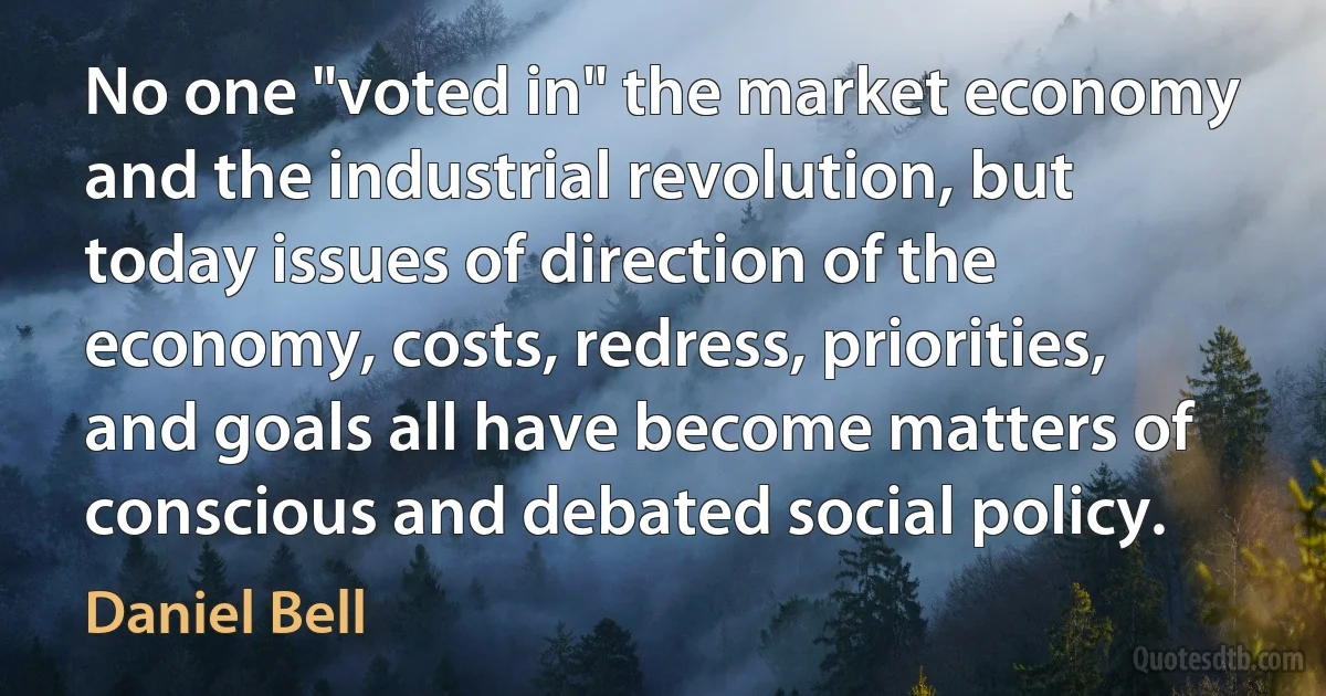 No one "voted in" the market economy and the industrial revolution, but today issues of direction of the economy, costs, redress, priorities, and goals all have become matters of conscious and debated social policy. (Daniel Bell)