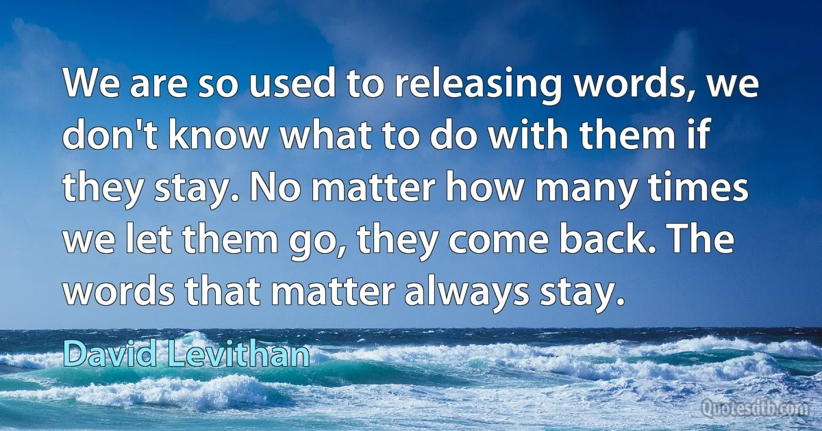 We are so used to releasing words, we don't know what to do with them if they stay. No matter how many times we let them go, they come back. The words that matter always stay. (David Levithan)