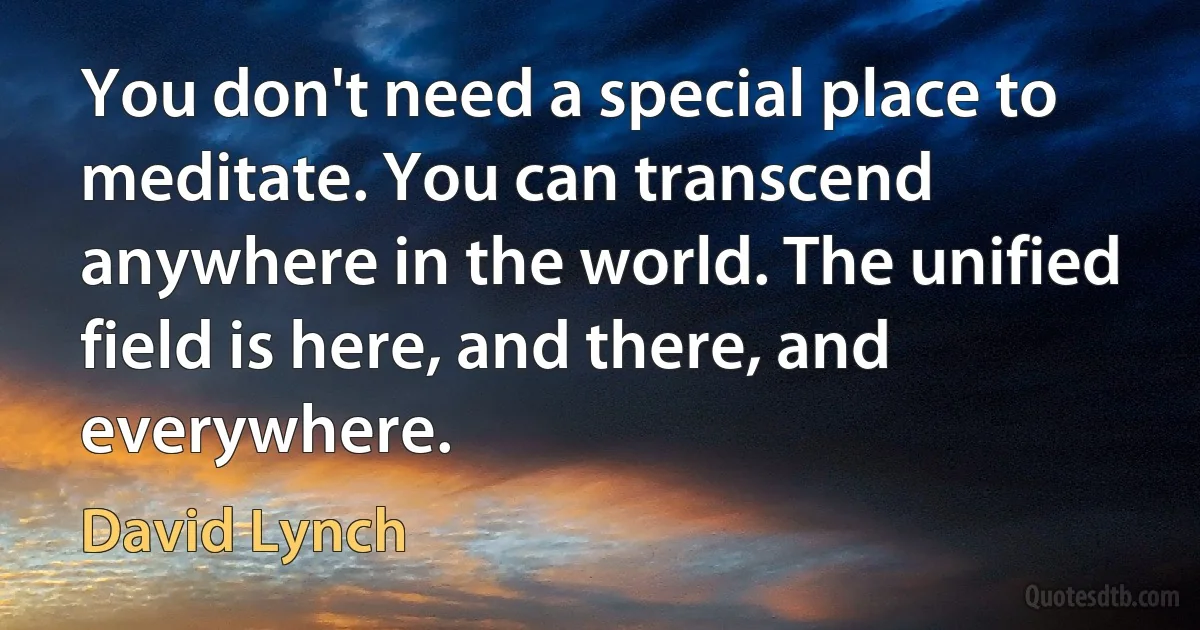 You don't need a special place to meditate. You can transcend anywhere in the world. The unified field is here, and there, and everywhere. (David Lynch)