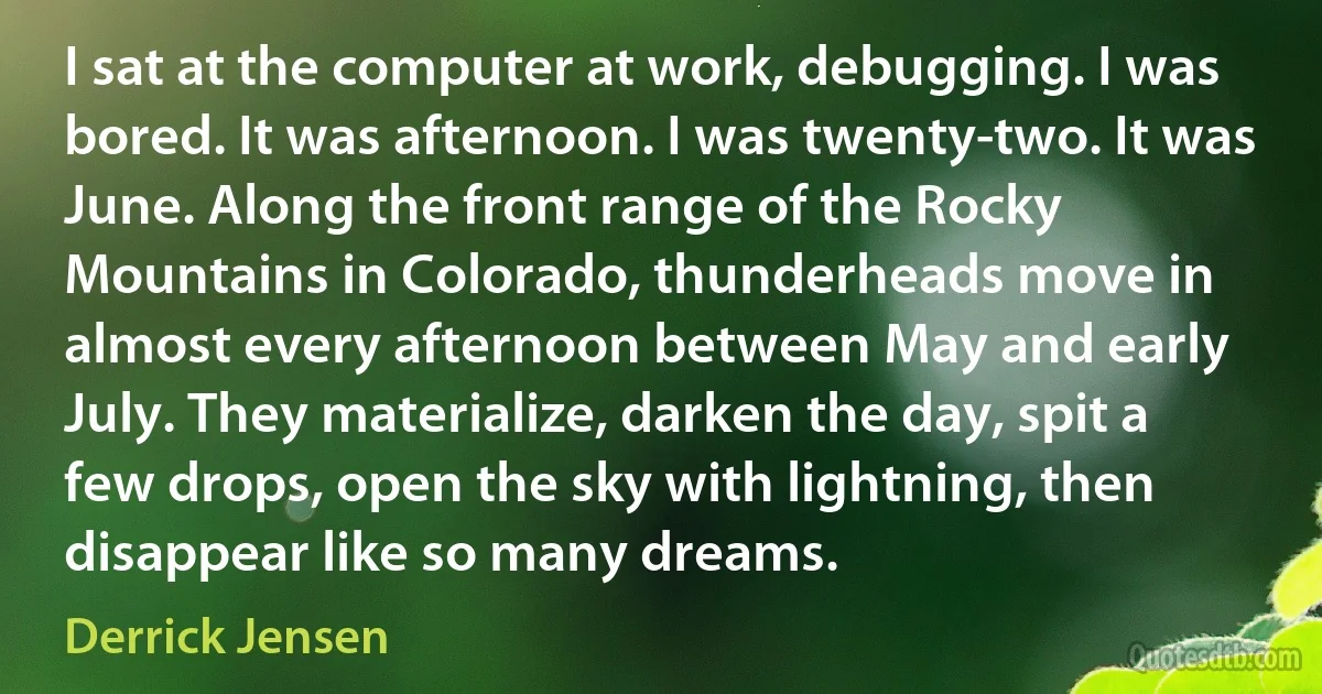 I sat at the computer at work, debugging. I was bored. It was afternoon. I was twenty-two. It was June. Along the front range of the Rocky Mountains in Colorado, thunderheads move in almost every afternoon between May and early July. They materialize, darken the day, spit a few drops, open the sky with lightning, then disappear like so many dreams. (Derrick Jensen)