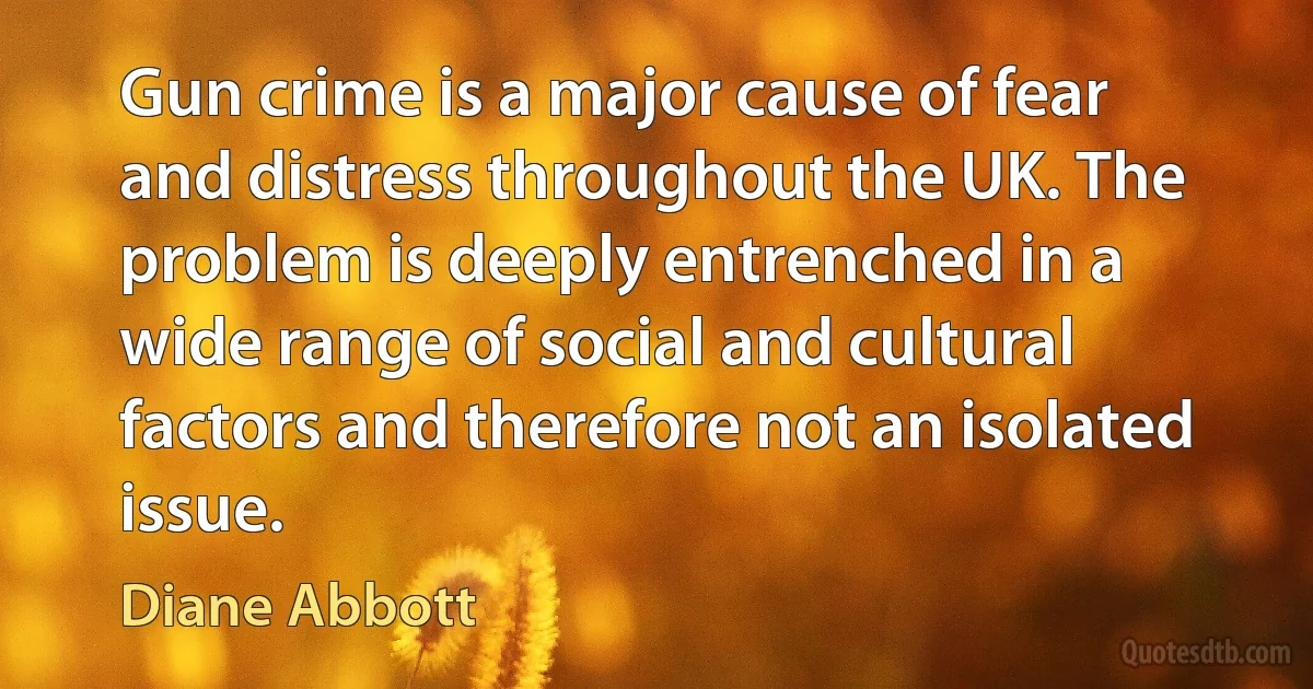 Gun crime is a major cause of fear and distress throughout the UK. The problem is deeply entrenched in a wide range of social and cultural factors and therefore not an isolated issue. (Diane Abbott)