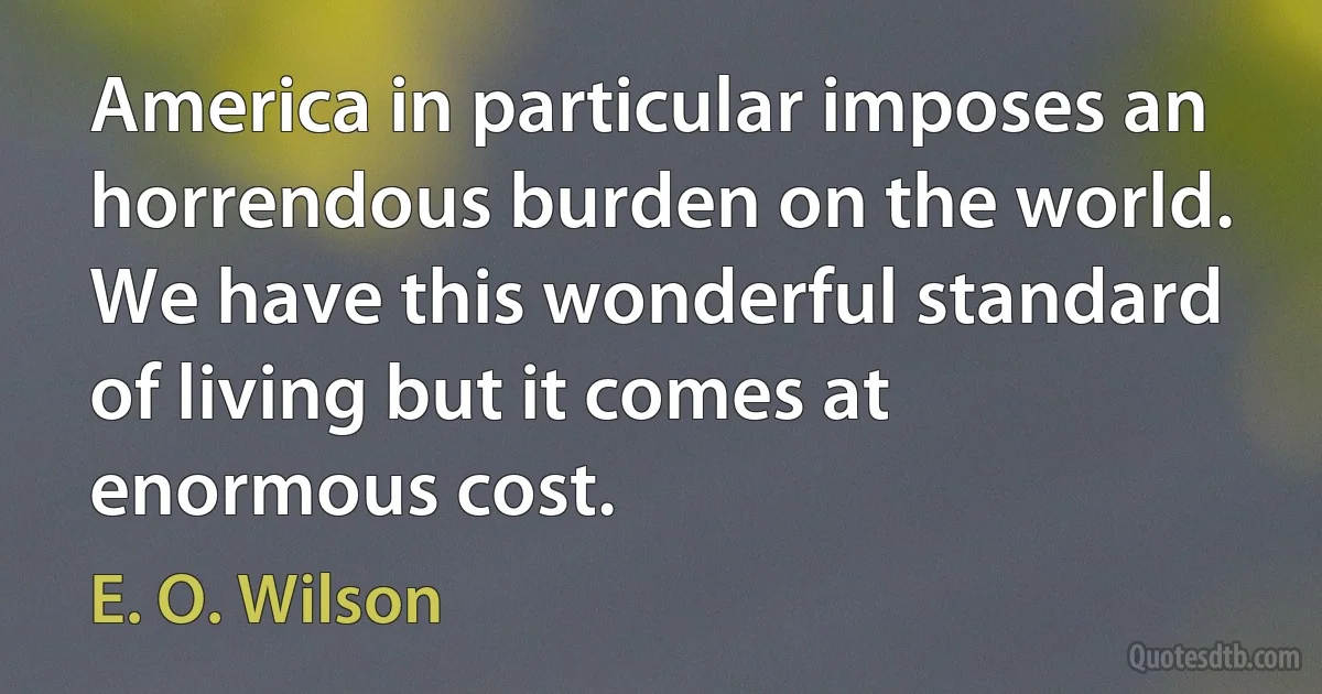 America in particular imposes an horrendous burden on the world. We have this wonderful standard of living but it comes at enormous cost. (E. O. Wilson)