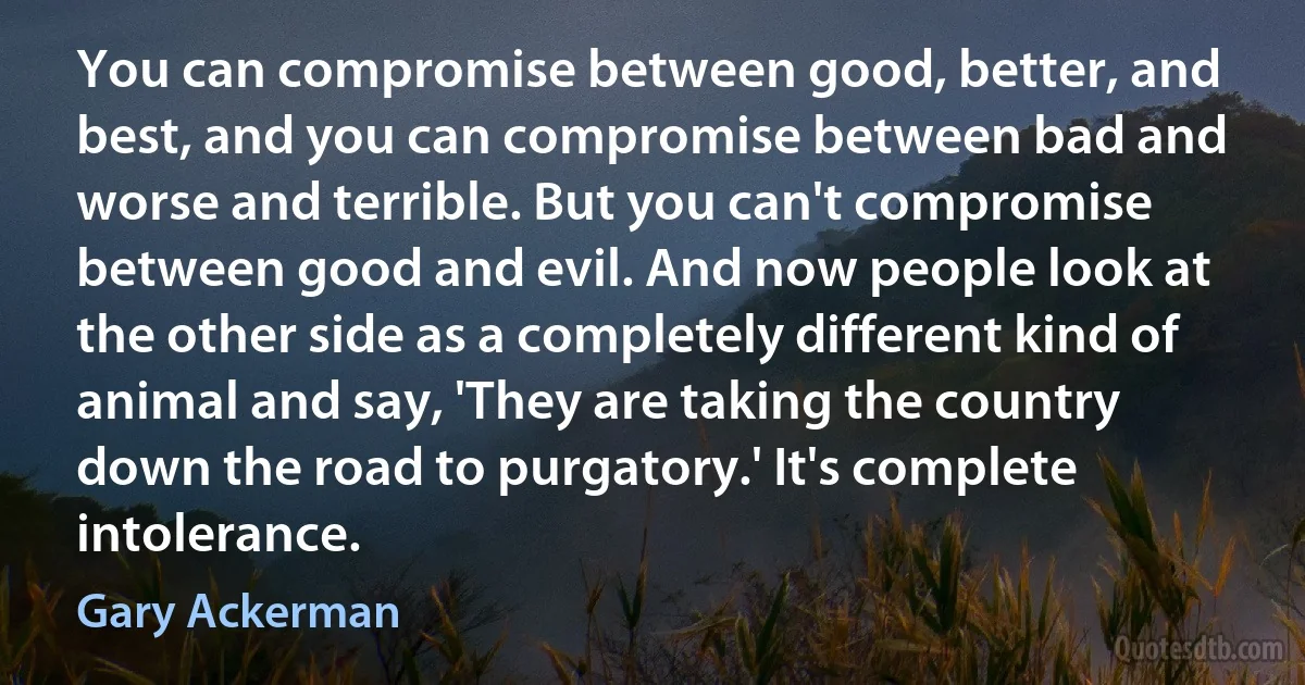 You can compromise between good, better, and best, and you can compromise between bad and worse and terrible. But you can't compromise between good and evil. And now people look at the other side as a completely different kind of animal and say, 'They are taking the country down the road to purgatory.' It's complete intolerance. (Gary Ackerman)