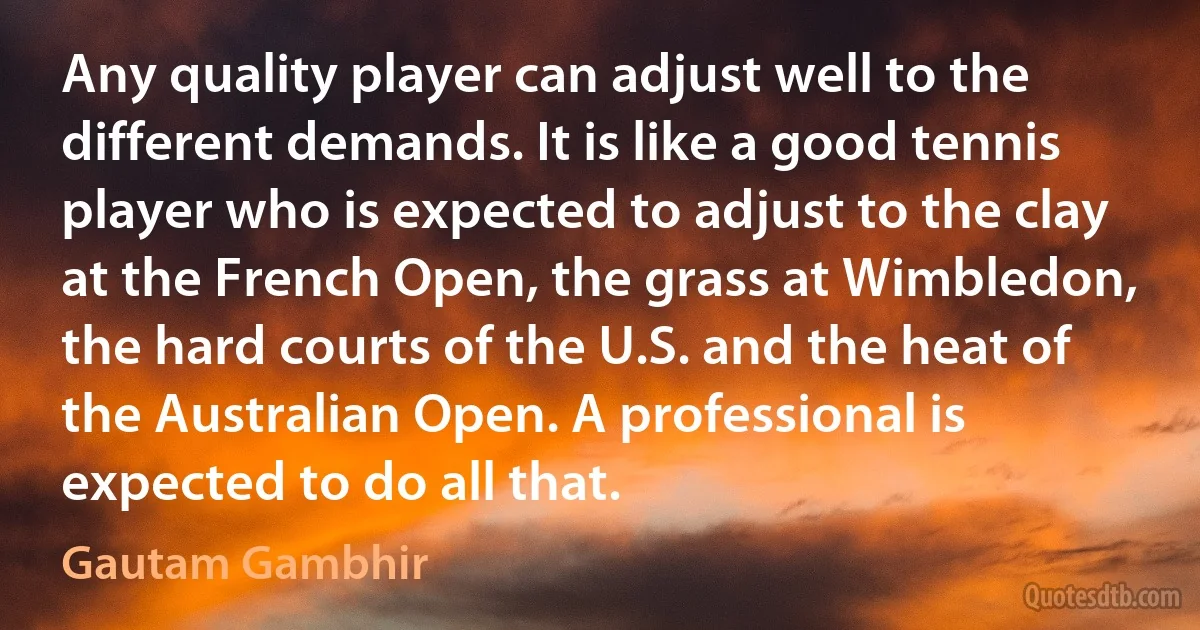 Any quality player can adjust well to the different demands. It is like a good tennis player who is expected to adjust to the clay at the French Open, the grass at Wimbledon, the hard courts of the U.S. and the heat of the Australian Open. A professional is expected to do all that. (Gautam Gambhir)