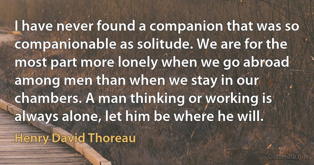 I have never found a companion that was so companionable as solitude. We are for the most part more lonely when we go abroad among men than when we stay in our chambers. A man thinking or working is always alone, let him be where he will. (Henry David Thoreau)