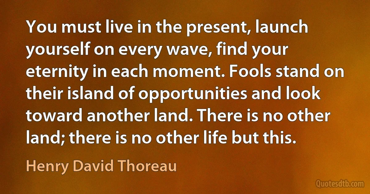 You must live in the present, launch yourself on every wave, find your eternity in each moment. Fools stand on their island of opportunities and look toward another land. There is no other land; there is no other life but this. (Henry David Thoreau)