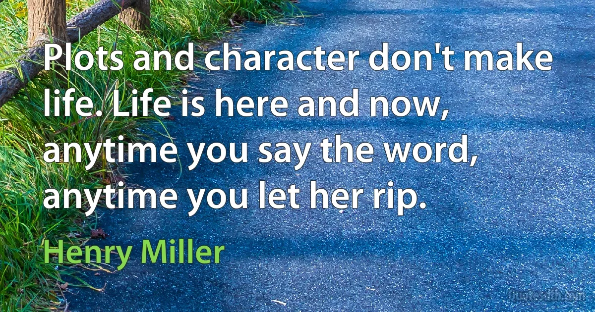 Plots and character don't make life. Life is here and now, anytime you say the word, anytime you let her rip. (Henry Miller)