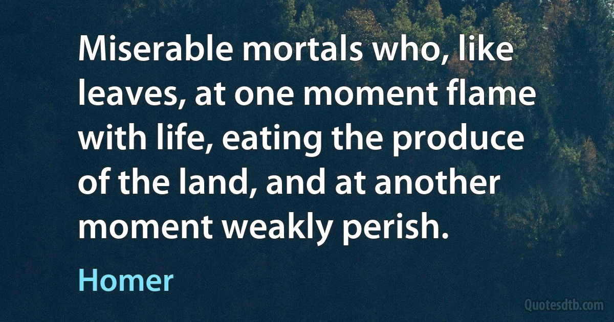 Miserable mortals who, like leaves, at one moment flame with life, eating the produce of the land, and at another moment weakly perish. (Homer)