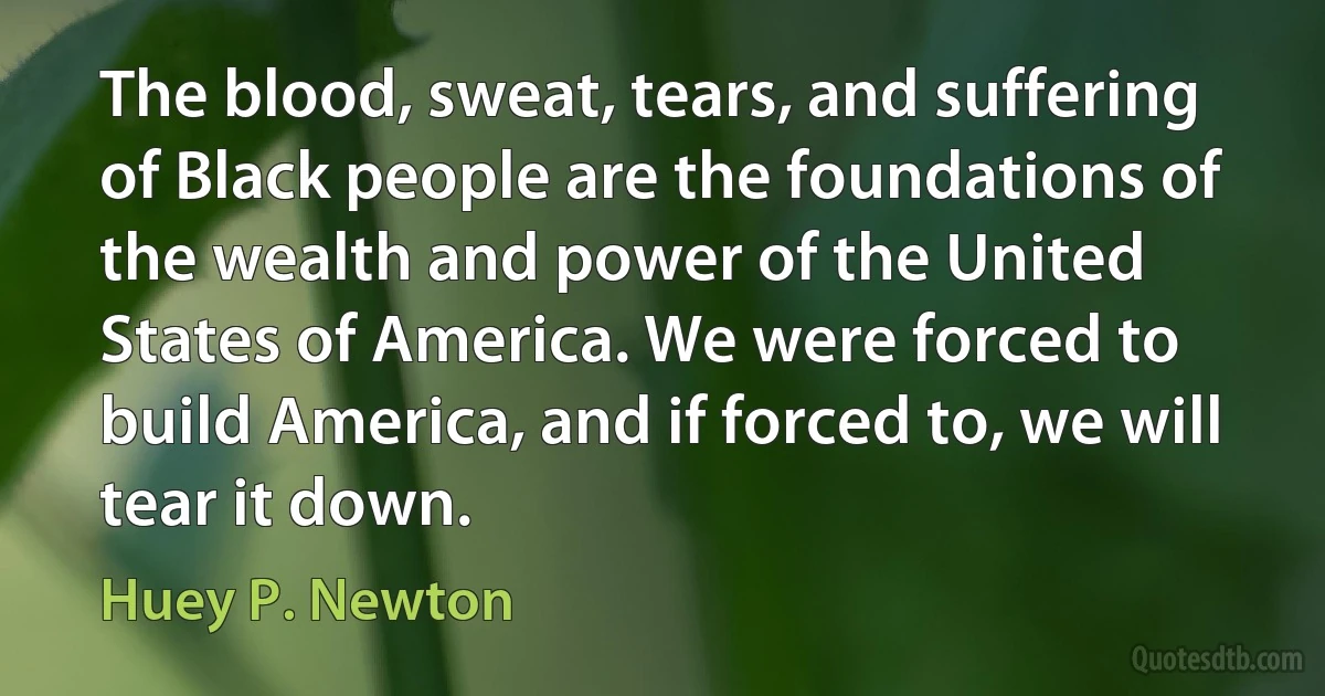 The blood, sweat, tears, and suffering of Black people are the foundations of the wealth and power of the United States of America. We were forced to build America, and if forced to, we will tear it down. (Huey P. Newton)