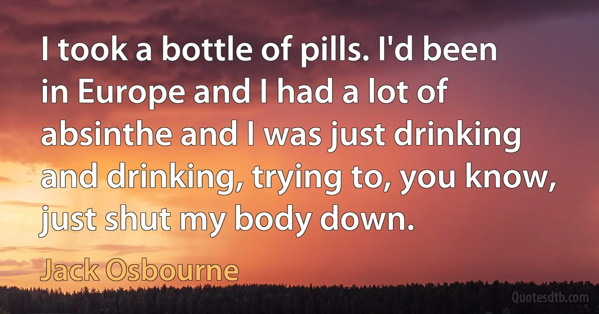 I took a bottle of pills. I'd been in Europe and I had a lot of absinthe and I was just drinking and drinking, trying to, you know, just shut my body down. (Jack Osbourne)