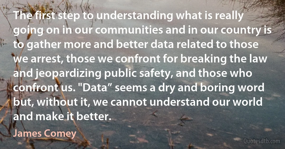 The first step to understanding what is really going on in our communities and in our country is to gather more and better data related to those we arrest, those we confront for breaking the law and jeopardizing public safety, and those who confront us. "Data” seems a dry and boring word but, without it, we cannot understand our world and make it better. (James Comey)