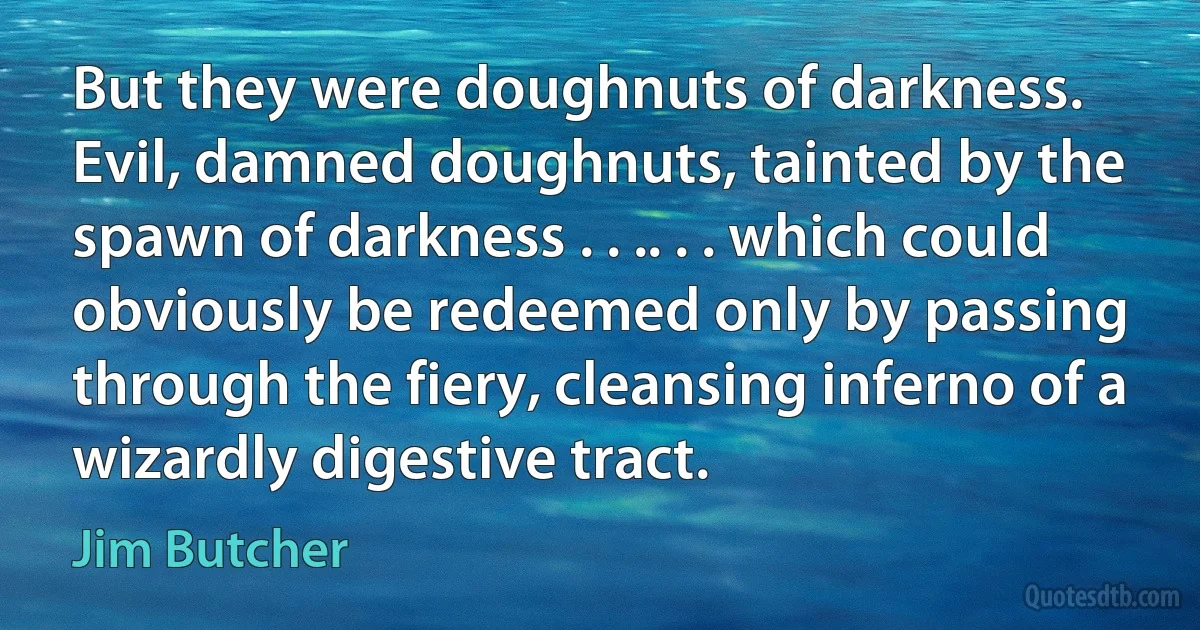 But they were doughnuts of darkness. Evil, damned doughnuts, tainted by the spawn of darkness . . .. . . which could obviously be redeemed only by passing through the fiery, cleansing inferno of a wizardly digestive tract. (Jim Butcher)