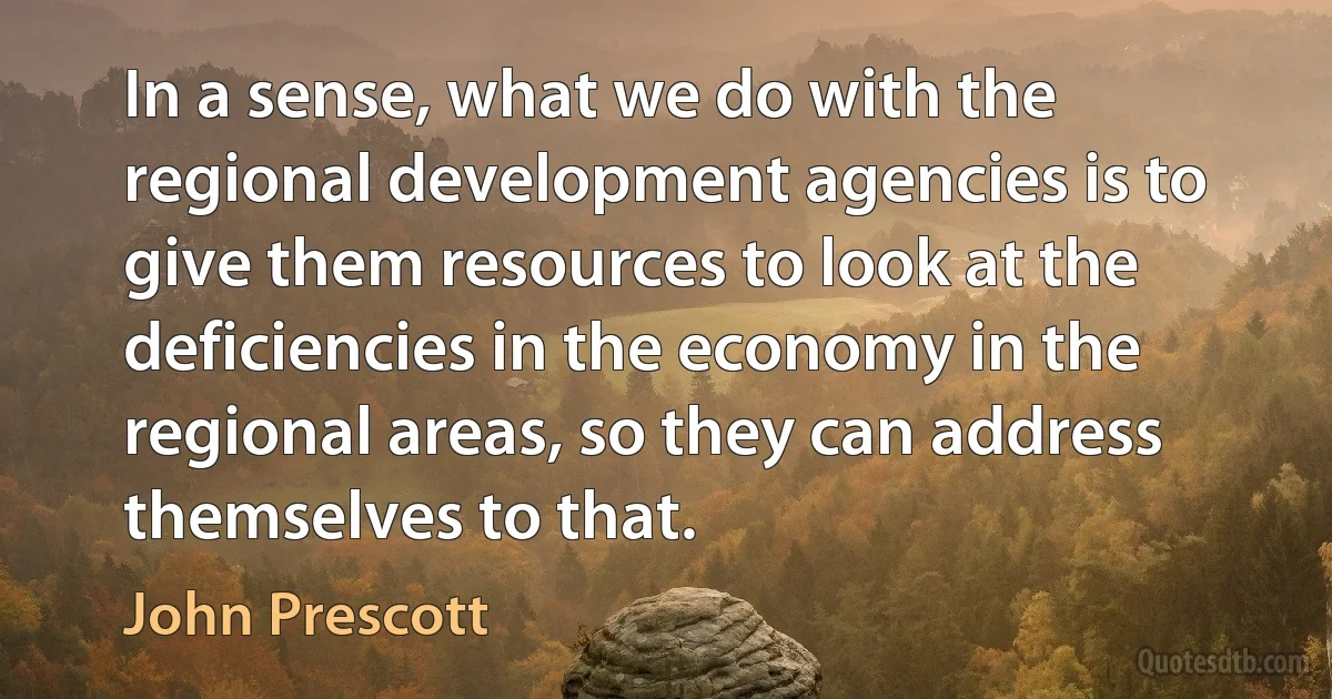 In a sense, what we do with the regional development agencies is to give them resources to look at the deficiencies in the economy in the regional areas, so they can address themselves to that. (John Prescott)