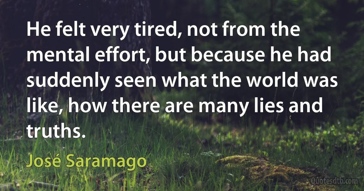 He felt very tired, not from the mental effort, but because he had suddenly seen what the world was like, how there are many lies and truths. (José Saramago)