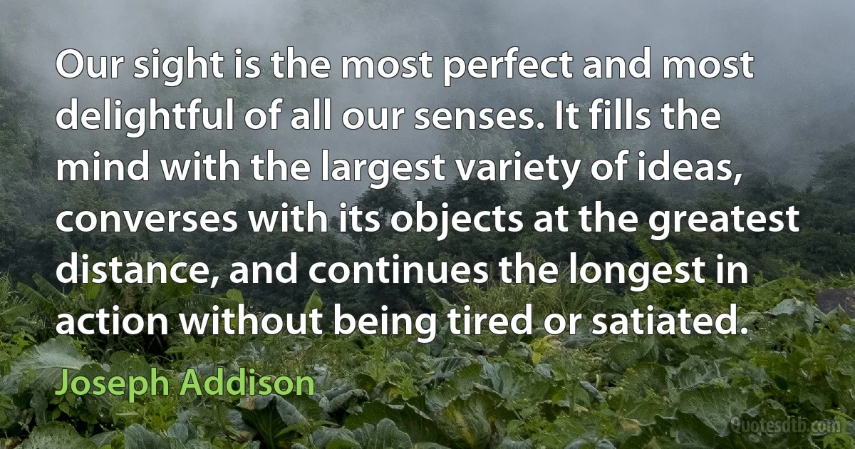 Our sight is the most perfect and most delightful of all our senses. It fills the mind with the largest variety of ideas, converses with its objects at the greatest distance, and continues the longest in action without being tired or satiated. (Joseph Addison)