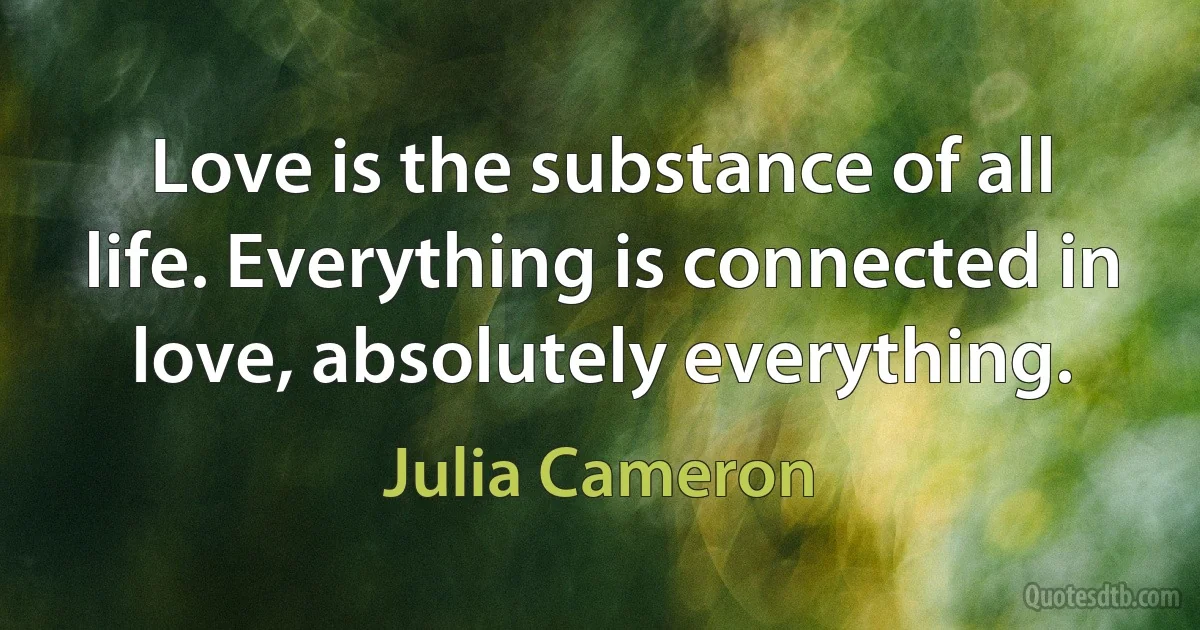 Love is the substance of all life. Everything is connected in love, absolutely everything. (Julia Cameron)