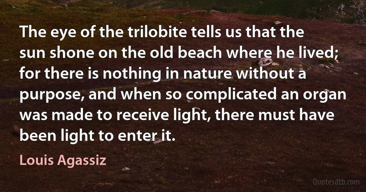 The eye of the trilobite tells us that the sun shone on the old beach where he lived; for there is nothing in nature without a purpose, and when so complicated an organ was made to receive light, there must have been light to enter it. (Louis Agassiz)