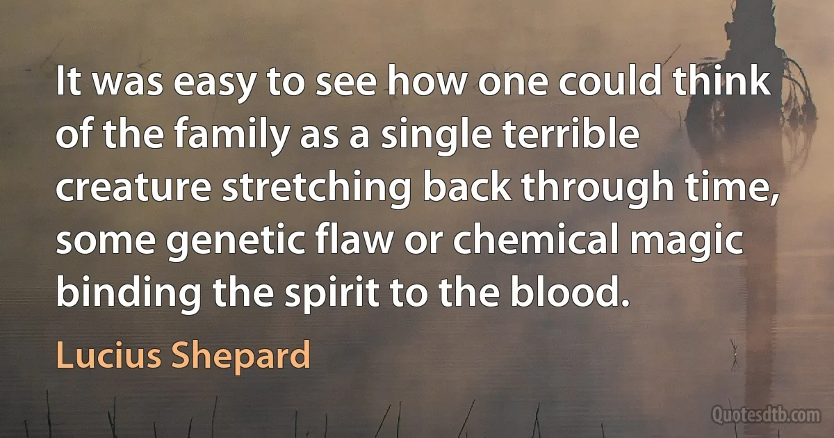 It was easy to see how one could think of the family as a single terrible creature stretching back through time, some genetic flaw or chemical magic binding the spirit to the blood. (Lucius Shepard)