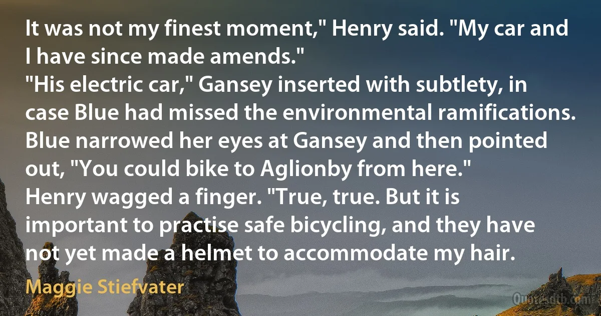 It was not my finest moment," Henry said. "My car and I have since made amends."
"His electric car," Gansey inserted with subtlety, in case Blue had missed the environmental ramifications.
Blue narrowed her eyes at Gansey and then pointed out, "You could bike to Aglionby from here."
Henry wagged a finger. "True, true. But it is important to practise safe bicycling, and they have not yet made a helmet to accommodate my hair. (Maggie Stiefvater)