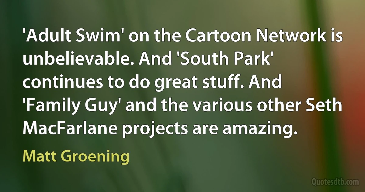 'Adult Swim' on the Cartoon Network is unbelievable. And 'South Park' continues to do great stuff. And 'Family Guy' and the various other Seth MacFarlane projects are amazing. (Matt Groening)